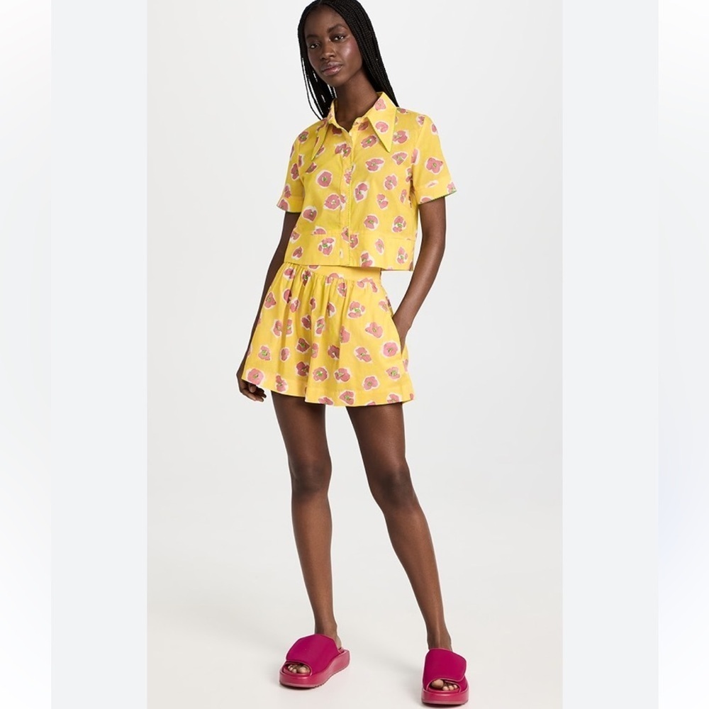 De Loreta 2 Piece Matching Bocaito Blouse Short Set Yellow Floral Cotton Size M